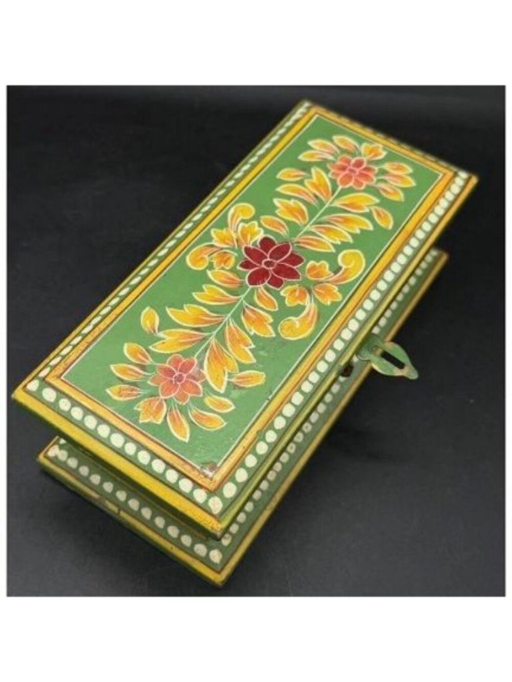 Folk Art Small Wood Box Folk Primitive Hand Painted Green Vanity Box